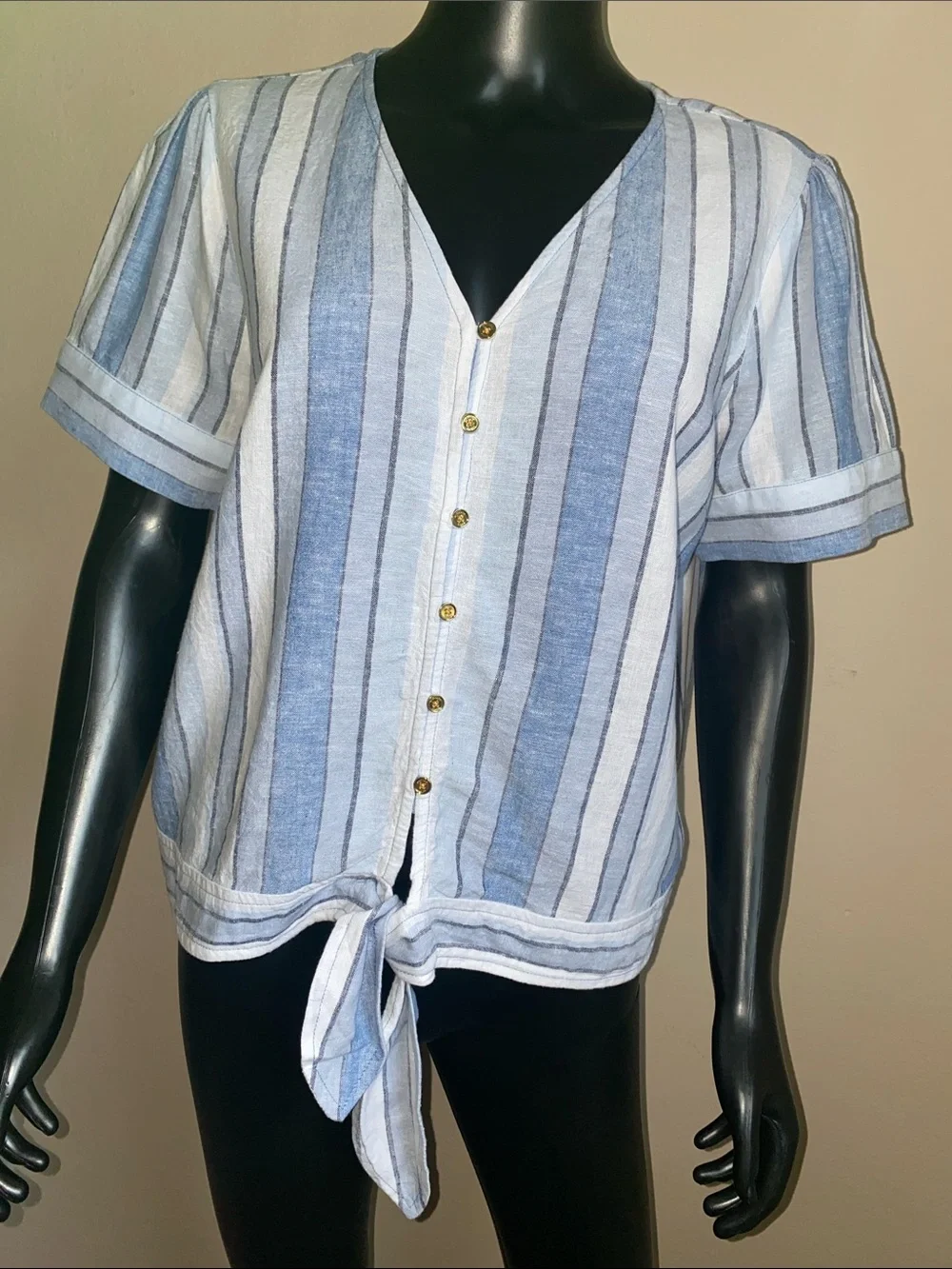 Michael Kors Blue and White Striped Tie-Front Button Linen Blend Blouse